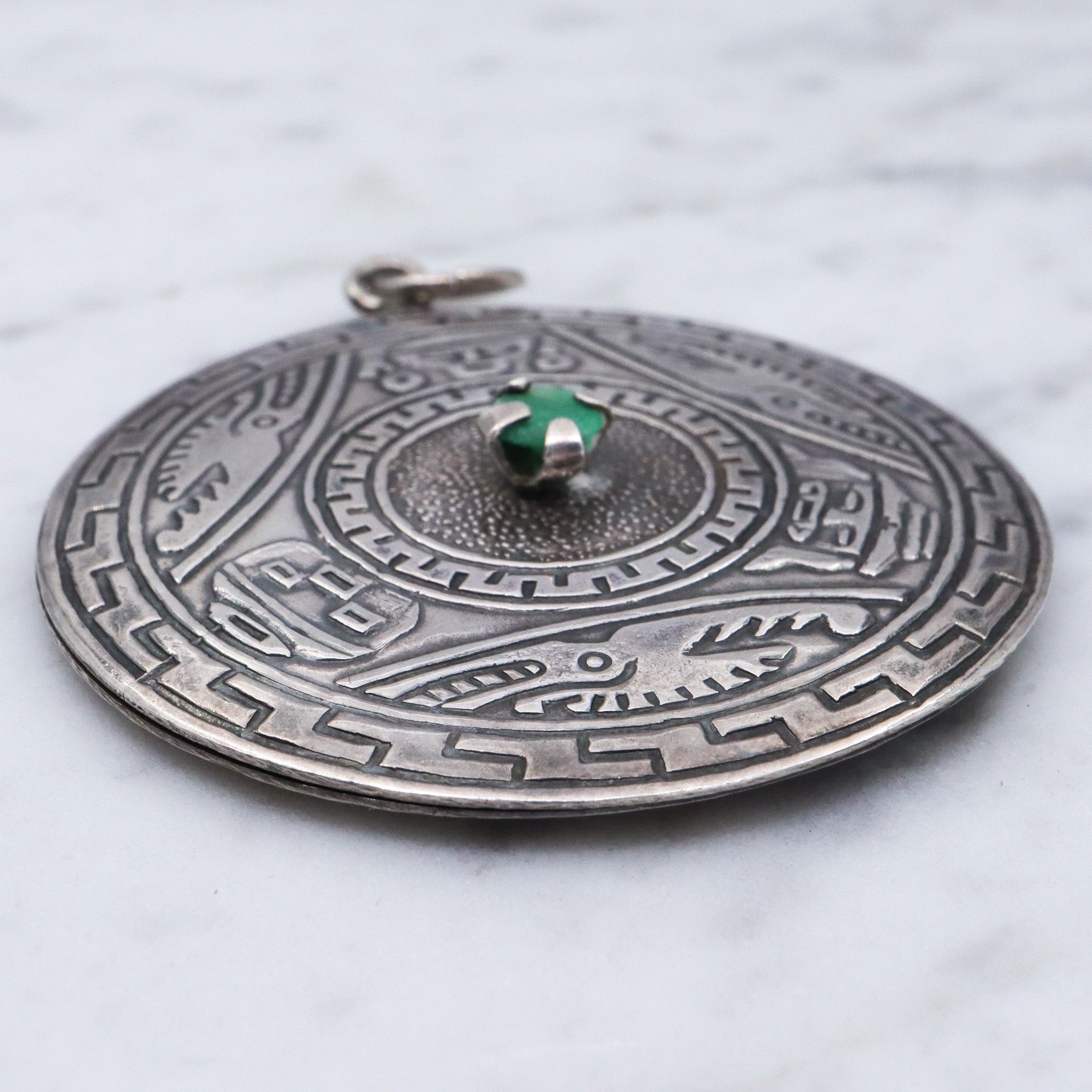 Vintage Peruvian sterling silver raw emerald pendant medallion